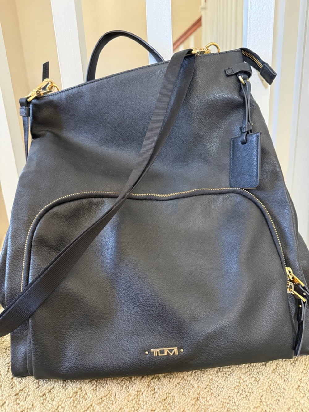 Tumi Black Pebbled Leather Convertible Backpack Tote with Gold Hardware